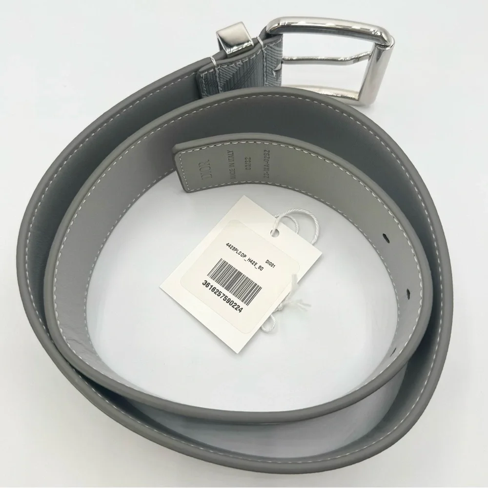 NEW Christian Dior CD Logo Diamond Grey Coated Canvas Calfskin Buckle Belt